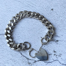 Cargar imagen en el visor de la galería, Vintage Heavy Sterling Curb Chain Bracelet, Heart Padlock Clasp. Chunky 1970s English Silver Diamond Cut Love Bracelet, London Hallmarks