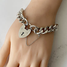 Cargar imagen en el visor de la galería, Vintage Heavy Sterling Curb Chain Bracelet, Heart Padlock Clasp. Chunky 1970s English Silver Diamond Cut Love Bracelet, London Hallmarks