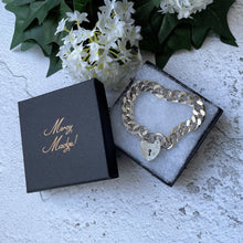 Cargar imagen en el visor de la galería, Vintage Heavy Sterling Curb Chain Bracelet, Heart Padlock Clasp. Chunky 1970s English Silver Diamond Cut Love Bracelet, London Hallmarks