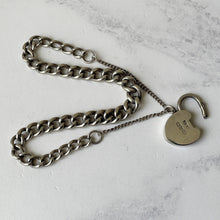 Carica l'immagine nel visualizzatore di Gallery, Antique Victorian Silver Bracelet With Heart Padlock. English Curb Chain Bracelet, 1890. Sterling Silver Watch Chain Sweetheart Bracelet