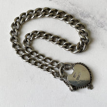 Carica l'immagine nel visualizzatore di Gallery, Antique Victorian Silver Bracelet With Heart Padlock. English Curb Chain Bracelet, 1890. Sterling Silver Watch Chain Sweetheart Bracelet