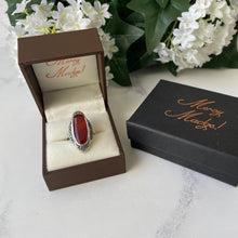 Charger l'image dans la galerie, Antique Art Deco Carnelian Ring. French Sterling Silver Marcasite Oval Cut Cabochon Ring. Vintage 1930s Cocktail Ring. Size 7.5 US, UK P