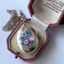 Cargar imagen en el visor de la galería, Antique Victorian 9ct Gold Enamel Mizpah Locket, Dog-Clip Bale. 2 Sided Engraved Gold Flower Locket. Gold Love Token Sweetheart Locket.