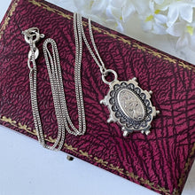 Cargar imagen en el visor de la galería, Antique Victorian Silver Aesthetic Engraved Pansy Flower Necklace. Small Oval Sterling Silver Antique Pendant & Chain. Victorian Jewelry