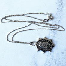 Cargar imagen en el visor de la galería, Antique Victorian Silver Aesthetic Engraved Pansy Flower Necklace. Small Oval Sterling Silver Antique Pendant & Chain. Victorian Jewelry