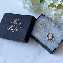 Cargar imagen en el visor de la galería, Antique Victorian Silver Aesthetic Engraved Pansy Flower Necklace. Small Oval Sterling Silver Antique Pendant & Chain. Victorian Jewelry