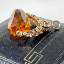 Cargar imagen en el visor de la galería, Antique Victorian 9ct Gold Citrine Pendant Fob, Hallmarked 1864. Daisy & Tulip Spinner Fob. English Paste Watch Fob, Necklace Pendant.