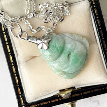 Cargar imagen en el visor de la galería, Vintage Silver Buddha Pendant Necklace. Carved Apple Green Jade Sterling Silver Pendant & Chain. Chinese Good Luck Pendant Charm Necklace
