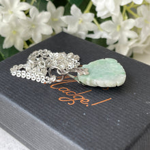 Cargar imagen en el visor de la galería, Vintage Silver Buddha Pendant Necklace. Carved Apple Green Jade Sterling Silver Pendant & Chain. Chinese Good Luck Pendant Charm Necklace