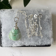 Cargar imagen en el visor de la galería, Vintage Silver Buddha Pendant Necklace. Carved Apple Green Jade Sterling Silver Pendant & Chain. Chinese Good Luck Pendant Charm Necklace