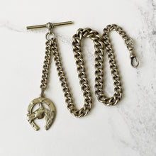 Cargar imagen en el visor de la galería, Victorian Gold Plated Pocket Watch Chain & Horseshoe Fob. Antique ALBO Albert Watch Chain. Curb Chain Bracelet, T-Bar, Dog Clip, Fob.