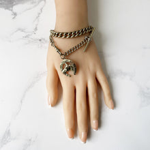 Cargar imagen en el visor de la galería, Victorian Gold Plated Pocket Watch Chain & Horseshoe Fob. Antique ALBO Albert Watch Chain. Curb Chain Bracelet, T-Bar, Dog Clip, Fob.