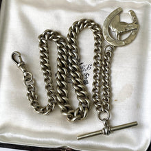 Cargar imagen en el visor de la galería, Victorian Gold Plated Pocket Watch Chain & Horseshoe Fob. Antique ALBO Albert Watch Chain. Curb Chain Bracelet, T-Bar, Dog Clip, Fob.