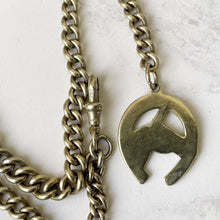 Cargar imagen en el visor de la galería, Victorian Gold Plated Pocket Watch Chain & Horseshoe Fob. Antique ALBO Albert Watch Chain. Curb Chain Bracelet, T-Bar, Dog Clip, Fob.