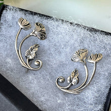 Cargar imagen en el visor de la galería, Antique Sterling Silver Art Nouveau Earrings. Edwardian/Art Deco Floral Ear Climber Earrings. Antique Screw Back Silver Poppy Earrings