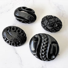 Lade das Bild in den Galerie-Viewer, Antique Victorian Whitby Jet Pineapple Brooch. English Jet Gemstone Deep Carved Dome Brooch. Antique Victorian Mourning Jewellery