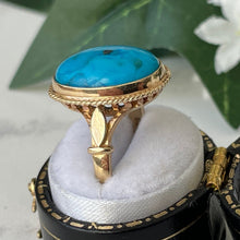 Charger l'image dans la galerie, Vintage 9ct Gold Turquoise Ring. Neoclassical Yellow Gold Ring. Large Turquoise Cabochon Statement Ring. Vintage 1970s Cocktail Ring