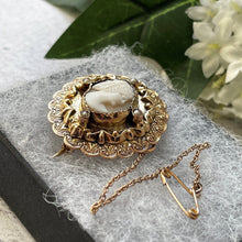 Cargar imagen en el visor de la galería, Antique Victorian Art Nouveau Cameo Brooch. 9ct Gold Carved Coral & Pearl Brooch. Oval Engraved Gold Lapel Pin, Alternative Sock/Cravat Pin