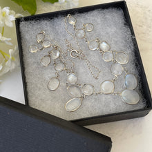 Cargar imagen en el visor de la galería, Antique Silver Moonstone Necklace. Edwardian Open Back Moonstone Fringe Necklace. Sterling Silver Lavalier Drop Festoon Necklace