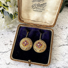 Cargar imagen en el visor de la galería, Antique Victorian 9ct Gold Garnet & Pearl Earrings. Etruscan Revival Rose Pink Rhodolite Garnet Gold Earrings. Victorian Target Earrings