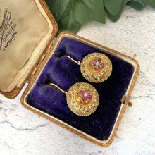 Cargar imagen en el visor de la galería, Antique Victorian 9ct Gold Garnet & Pearl Earrings. Etruscan Revival Rose Pink Rhodolite Garnet Gold Earrings. Victorian Target Earrings