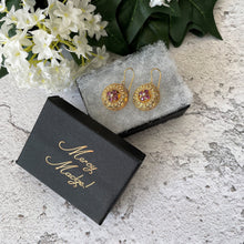 Cargar imagen en el visor de la galería, Antique Victorian 9ct Gold Garnet & Pearl Earrings. Etruscan Revival Rose Pink Rhodolite Garnet Gold Earrings. Victorian Target Earrings