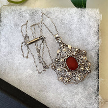 Carica l'immagine nel visualizzatore di Gallery, Antique Edwardian Silver Filigree & Coral Pendant Necklace. Victorian Arts and Crafts Sterling Silver Filigree Pendant On Original Chain