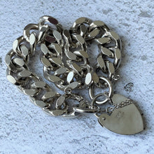 Cargar imagen en el visor de la galería, Vintage Heavy Sterling Curb Chain Bracelet, Heart Padlock Clasp. Chunky 1970s English Silver Diamond Cut Love Bracelet, London Hallmarks