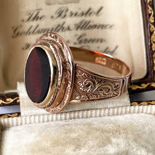Cargar imagen en el visor de la galería, Antique Victorian 9ct Gold Garnet Ring. English Neoclassical Red Garnet Signet Ring. Engraved 9ct Rose Gold Bishop Style Ring Size Q UK/8 US