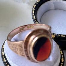 Cargar imagen en el visor de la galería, Antique Victorian 9ct Gold Garnet Ring. English Neoclassical Red Garnet Signet Ring. Engraved 9ct Rose Gold Bishop Style Ring Size Q UK/8 US