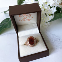 Cargar imagen en el visor de la galería, Antique Victorian 9ct Gold Garnet Ring. English Neoclassical Red Garnet Signet Ring. Engraved 9ct Rose Gold Bishop Style Ring Size Q UK/8 US