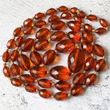 Cargar imagen en el visor de la galería, Antique Art Deco Baltic Amber Long Necklace. Large Faceted Olive Bead Genuine Amber Necklace. 1930s Vintage Cognac Amber 40" Rope Necklace
