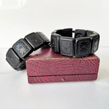 Cargar imagen en el visor de la galería, Antique Victorian Black Horn Mourning Bracelets. Pair Of Pressed Horn Floral Panel Stretch Bracelets. Original Victorian Mourning Jewellery
