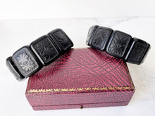 Cargar imagen en el visor de la galería, Antique Victorian Black Horn Mourning Bracelets. Pair Of Pressed Horn Floral Panel Stretch Bracelets. Original Victorian Mourning Jewellery