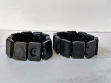 Cargar imagen en el visor de la galería, Antique Victorian Black Horn Mourning Bracelets. Pair Of Pressed Horn Floral Panel Stretch Bracelets. Original Victorian Mourning Jewellery