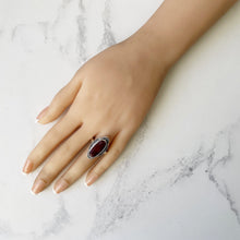 Charger l'image dans la galerie, Antique Art Deco Carnelian Ring. French Sterling Silver Marcasite Oval Cut Cabochon Ring. Vintage 1930s Cocktail Ring. Size 7.5 US, UK P