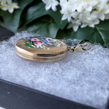 Cargar imagen en el visor de la galería, Antique Victorian 9ct Gold Enamel Mizpah Locket, Dog-Clip Bale. 2 Sided Engraved Gold Flower Locket. Gold Love Token Sweetheart Locket.
