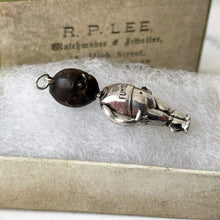 Carica l'immagine nel visualizzatore di Gallery, Antique "Fumsup" Sterling Silver Charm & Antique Box.  British Registered 1914 Touch Wood Lucky Charm/Pendant. Edwardian Silver Kewpie Charm