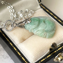 Cargar imagen en el visor de la galería, Vintage Silver Buddha Pendant Necklace. Carved Apple Green Jade Sterling Silver Pendant & Chain. Chinese Good Luck Pendant Charm Necklace