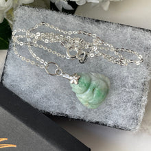 Cargar imagen en el visor de la galería, Vintage Silver Buddha Pendant Necklace. Carved Apple Green Jade Sterling Silver Pendant & Chain. Chinese Good Luck Pendant Charm Necklace