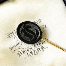 Charger l'image dans la galerie, Victorian Whitby Jet Stick Pin Mourning Brooch. Antique Carved 'JC' - Jesus Christ Pin. Gold Gilt, Black Gemstone Lapel/Tie/Cravat/Stock Pin