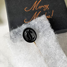 Charger l'image dans la galerie, Victorian Whitby Jet Stick Pin Mourning Brooch. Antique Carved 'JC' - Jesus Christ Pin. Gold Gilt, Black Gemstone Lapel/Tie/Cravat/Stock Pin