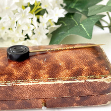 Charger l'image dans la galerie, Victorian Whitby Jet Stick Pin Mourning Brooch. Antique Carved 'JC' - Jesus Christ Pin. Gold Gilt, Black Gemstone Lapel/Tie/Cravat/Stock Pin