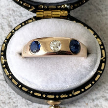 Carica l'immagine nel visualizzatore di Gallery, Antique 18ct Gold Mine Cut Diamond & Sapphire Gypsy Ring. Victorian 3 Stone Trilogy Band Ring. Antique Wedding, Anniversary, Stacking Ring