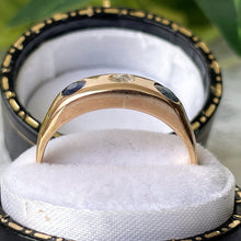 Carica l'immagine nel visualizzatore di Gallery, Antique 18ct Gold Mine Cut Diamond & Sapphire Gypsy Ring. Victorian 3 Stone Trilogy Band Ring. Antique Wedding, Anniversary, Stacking Ring