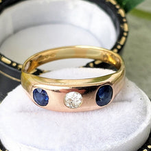 Carica l'immagine nel visualizzatore di Gallery, Antique 18ct Gold Mine Cut Diamond & Sapphire Gypsy Ring. Victorian 3 Stone Trilogy Band Ring. Antique Wedding, Anniversary, Stacking Ring
