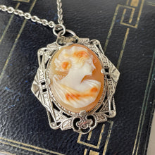 Lade das Bild in den Galerie-Viewer, Antique Sterling Silver Carved Shell Cameo Necklace. Edwardian Art Nouveau Cameo Pendant & Chain Necklace. Antique Edwardian Jewellery
