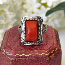 Cargar imagen en el visor de la galería, Antique Art Deco Silver Coral Ring. Vintage 1930s Red Coral Sugarloaf Cabochon Sterling Silver Ring. Vintage Cocktail Ring, Size O UK/ US 7