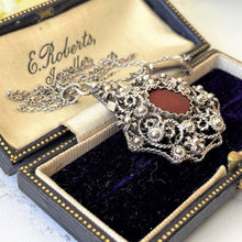 Carica l'immagine nel visualizzatore di Gallery, Antique Edwardian Silver Filigree & Coral Pendant Necklace. Victorian Arts and Crafts Sterling Silver Filigree Pendant On Original Chain