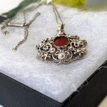 Carica l'immagine nel visualizzatore di Gallery, Antique Edwardian Silver Filigree & Coral Pendant Necklace. Victorian Arts and Crafts Sterling Silver Filigree Pendant On Original Chain